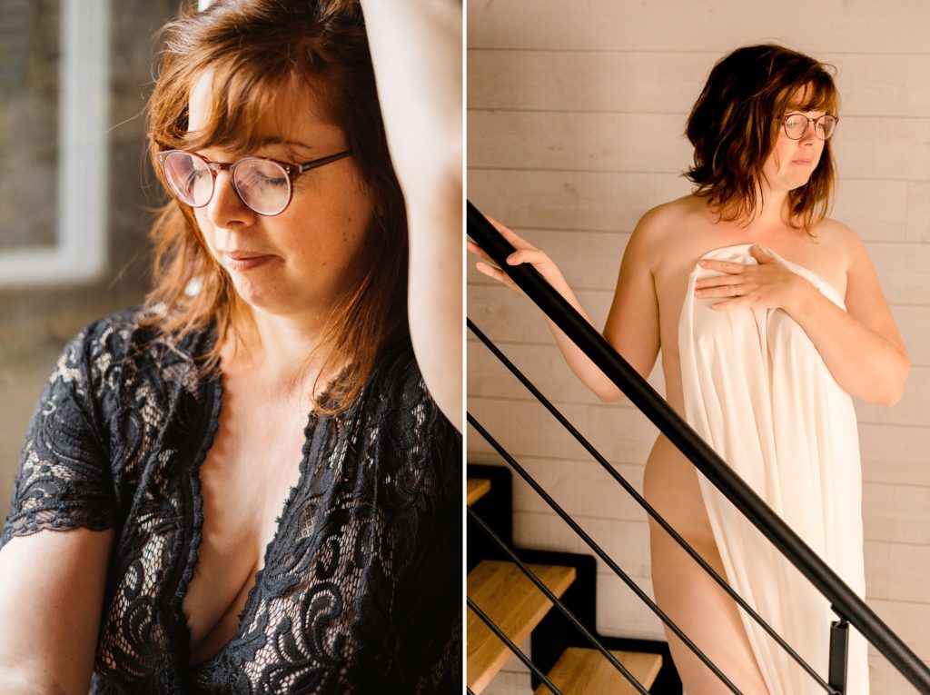 2 photos d'une femme en body noir puis nue avec un simple drap blanc pour cacher son corps