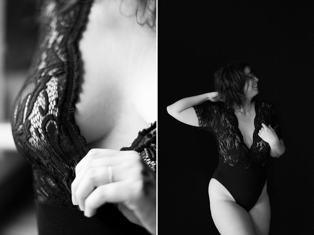 Photo en noir et blanc d'une femme en lingerie à dentelle noire