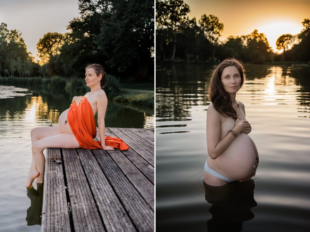 Femme enceinte lors d'une séance photos assise sur un ponton puis dans un lac