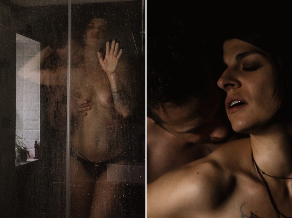 Diptyque de photos prises sous la douche à la fin d'une séance photo de couple intime