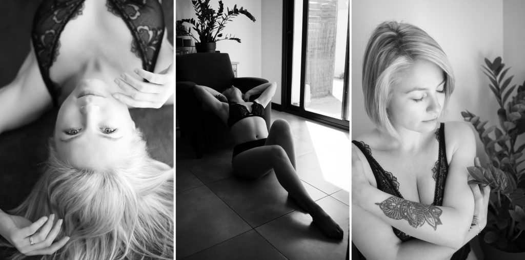 Triptyque en noir et blanc d'Emmanuelle lors de sa séance boudoir pour voyager vers l'estime de soi