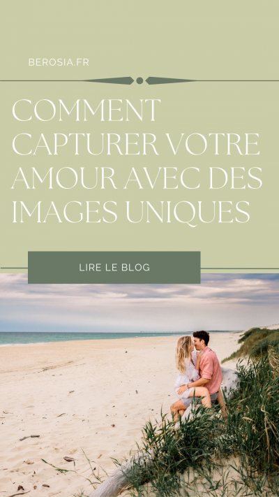 Epingle pour Pinterest avec un couple s'embrassant sur la plage lors de leur séance photo de couple